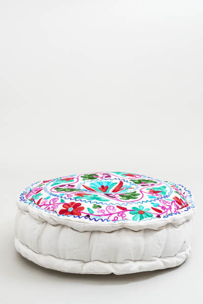 Sitzkissen Gaddi rund bestickt weiss/multicolor 40x10 cm