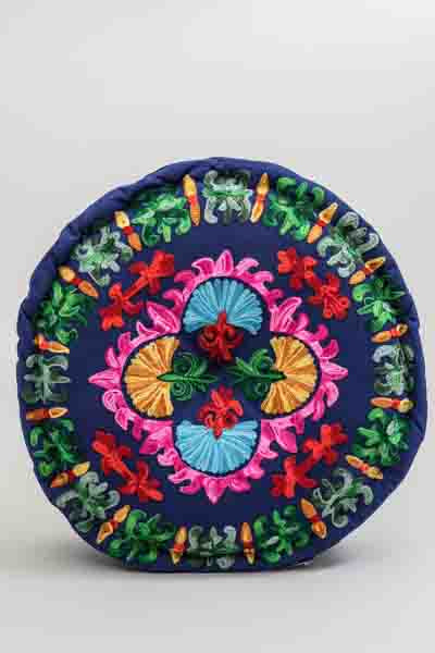 Sitzkissen Gaddi rund bestickt dunkelblau/multicolor 40x10 cm