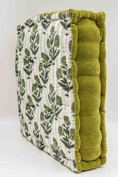 Sitzkissen/Bodenkissen Gaddi Baumwoll-Samt mit Print olive/beige 40x40x10cm