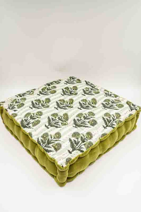Sitzkissen/Bodenkissen Gaddi Baumwoll-Samt mit Print olive/beige 40x40x10cm