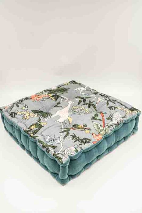 Gaddi Cotton Velvet Floor Cushion with Print Petrol/Yellow/Beige/Red 40x40x10cm