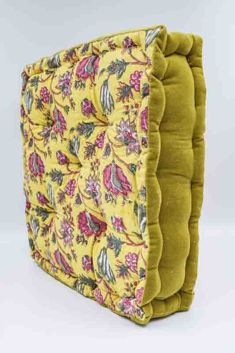 Sitzkissen/Bodenkissen Gaddi Baumwoll-Samt mit Print olive/gelb/rot 40x40x10cm