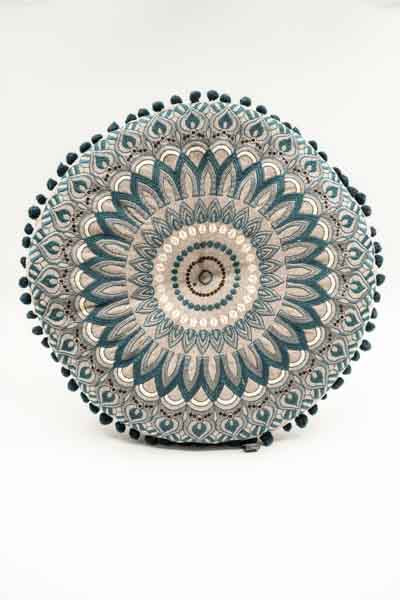 Seat cushion Gaddi round embroidered blue mixed. 40cm