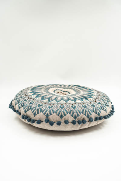 Seat cushion Gaddi round embroidered blue mixed. 40cm