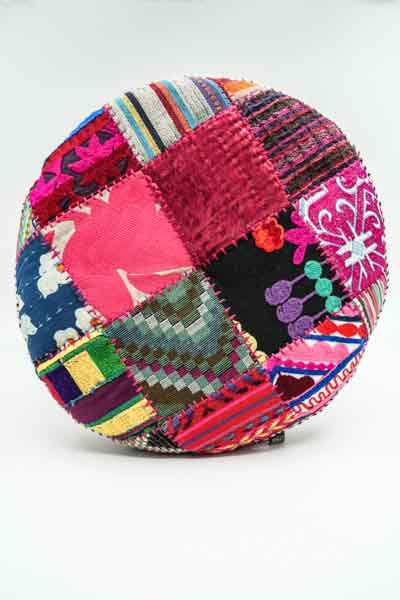 Round embroidered Gaddi cushion patchwork multicolored 40cm