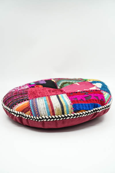 Round embroidered Gaddi cushion patchwork multicolored 40cm