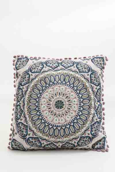 Coussin décoratif brodé à motifs bleu/vert/rose 40x40cm