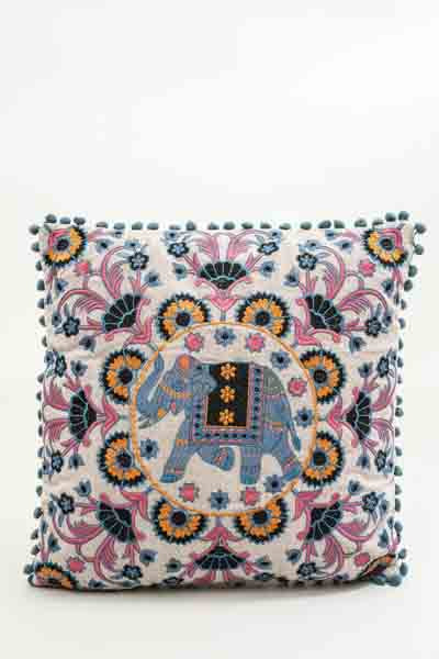 Decorative Pillow Elephant embroidered blue/orange/pink 40x40cm