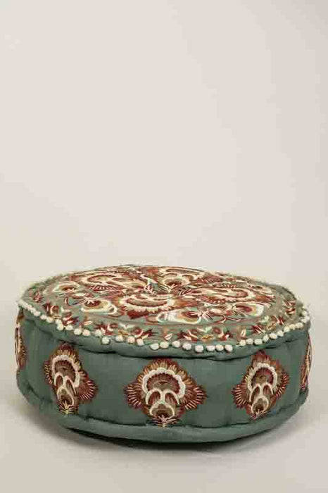 Pouf coton vert brodé marron/jaune moutarde 60x20cm