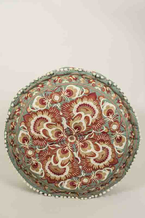 Pouf coton vert brodé marron/jaune moutarde 60x20cm