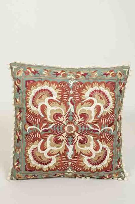 Decorative cushion cotton green embroidered pattern brown/mustard yellow 40x40cm