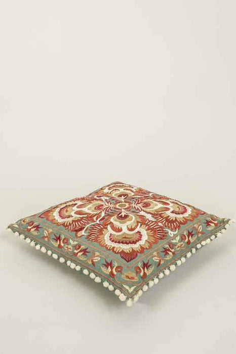 Decorative cushion cotton green embroidered pattern brown/mustard yellow 40x40cm