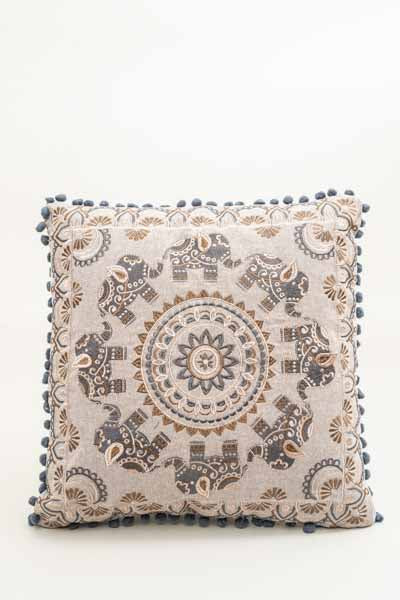 Coussin décoratif Cercle d'éléphants brodé bleu clair/ocre 40x40cm