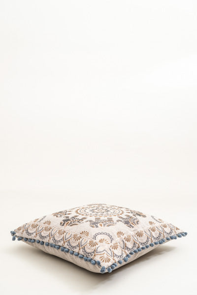 Coussin décoratif Cercle d'éléphants brodé bleu clair/ocre 40x40cm