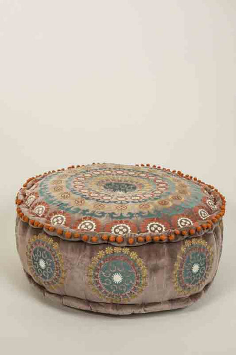 Pouf cotton velvet brown embroidered green/yellow/orange 60x20cm