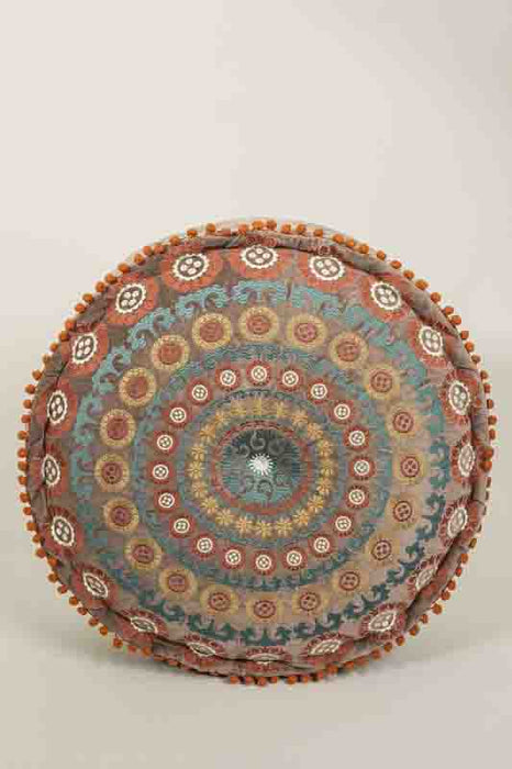 Pouf cotton velvet brown embroidered green/yellow/orange 60x20cm