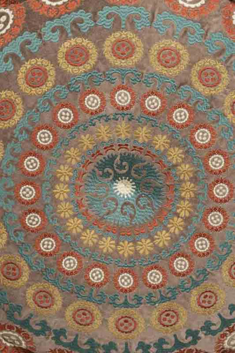 Pouf cotton velvet brown embroidered green/yellow/orange 60x20cm