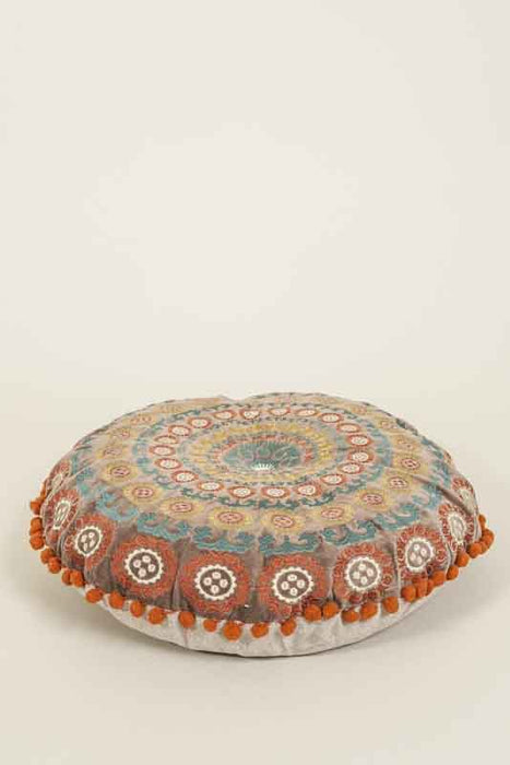 Coussin de siège Gaddi en velours de coton rond marron brodé vert/jaune/orange 40cm