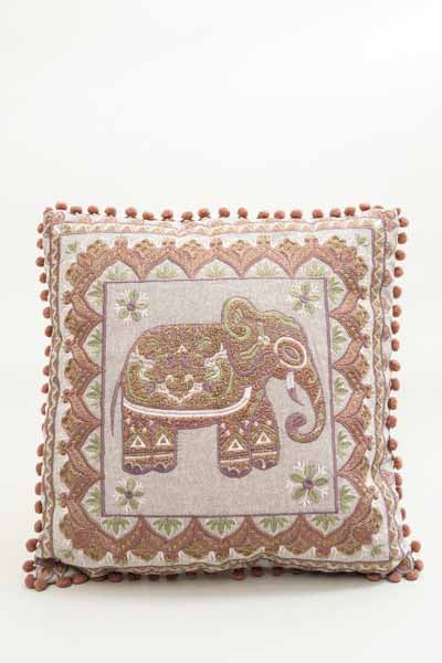 Coussin décoratif Éléphant brodé marron clair/vert/rose 40x40cm