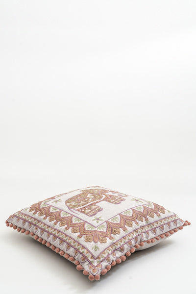 Coussin décoratif Éléphant brodé marron clair/vert/rose 40x40cm