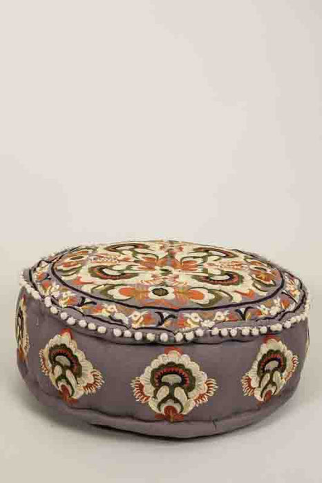 Pouf coton taupe brodé orange/beige/vert 60x20cm