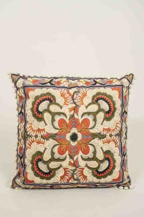 Coussin décoratif coton taupe brodé orange/beige/vert 40x40cm