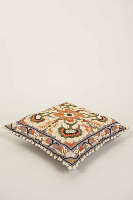 Coussin décoratif coton taupe brodé orange/beige/vert 40x40cm