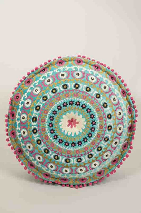 Pouf en velours de coton turquoise brodé beige/rose/bleu foncé/jaune 60x20cm