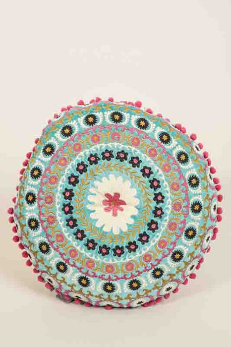 Gaddi Round Cotton Velvet Seat Cushion Turquoise Embroidered Beige/Pink/Dark Blue/Yellow 40cm