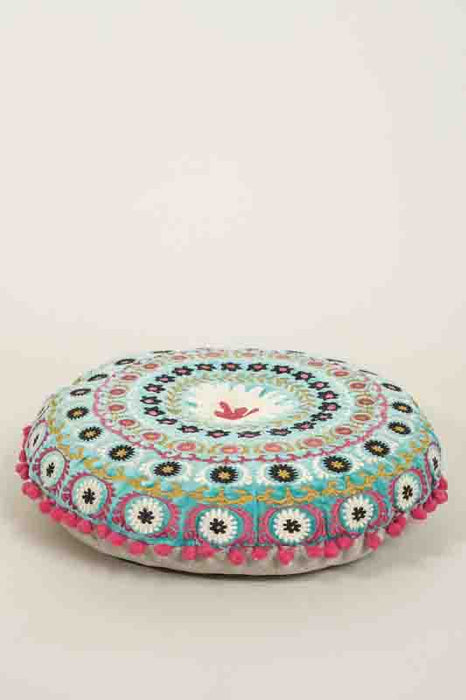 Gaddi Round Cotton Velvet Seat Cushion Turquoise Embroidered Beige/Pink/Dark Blue/Yellow 40cm