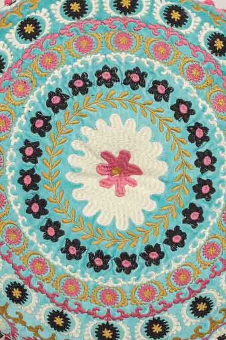 Gaddi Round Cotton Velvet Seat Cushion Turquoise Embroidered Beige/Pink/Dark Blue/Yellow 40cm