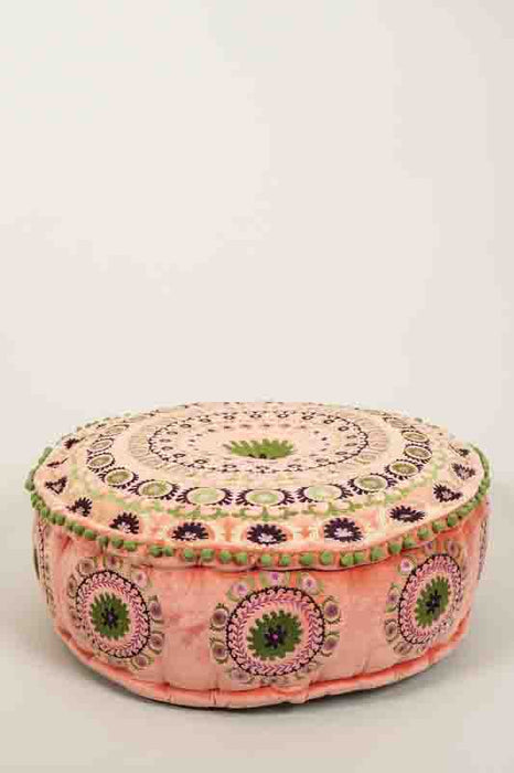 Pouffe Cotton Velvet apricot embroidered green/blue/violet 60x20cm