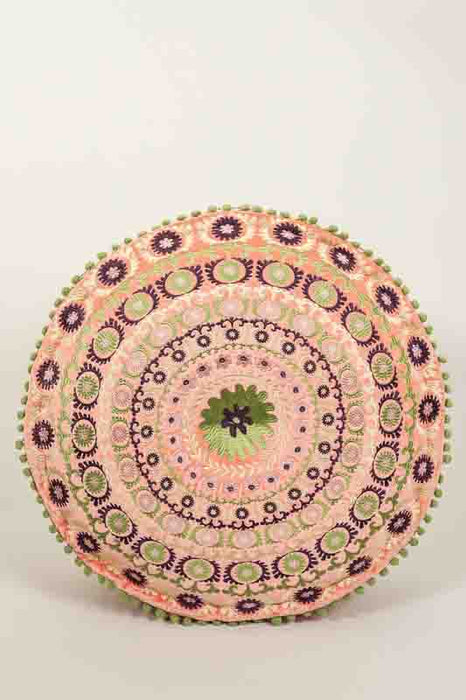 Pouffe Cotton Velvet apricot embroidered green/blue/violet 60x20cm