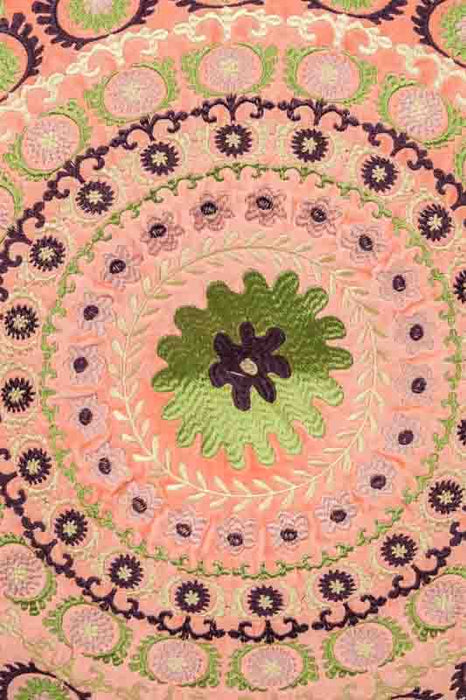 Pouffe Cotton Velvet apricot embroidered green/blue/violet 60x20cm