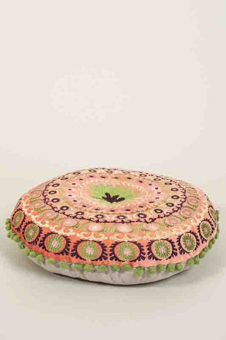 Coussin de sol Gaddi velours de coton rond abricot brodé vert/bleu/violet 40cm
