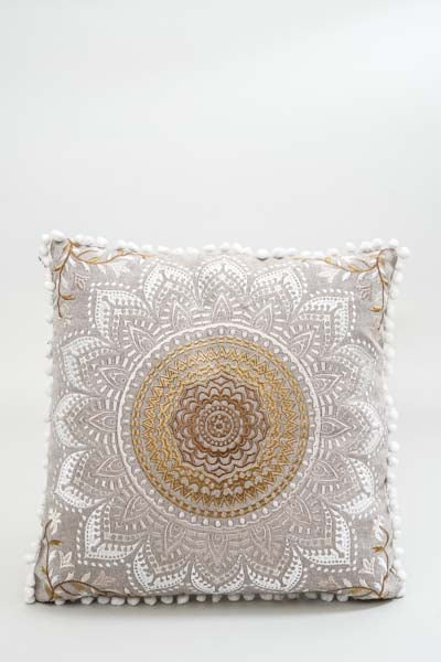 Coussin décoratif brodé blanc/jaune/marron à motifs 40x40cm