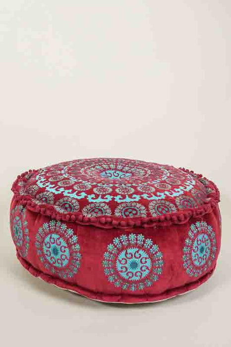 Pouf velours de coton bordeaux brodé turquoise/beige/rouge foncé 60x20cm