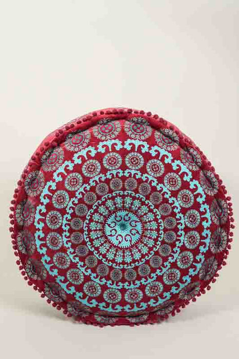 Pouf velours de coton bordeaux brodé turquoise/beige/rouge foncé 60x20cm