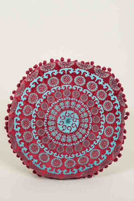 Seat cushion Gaddi cotton velvet round bordeaux embroidered turquoise/beige/dark red 40cm