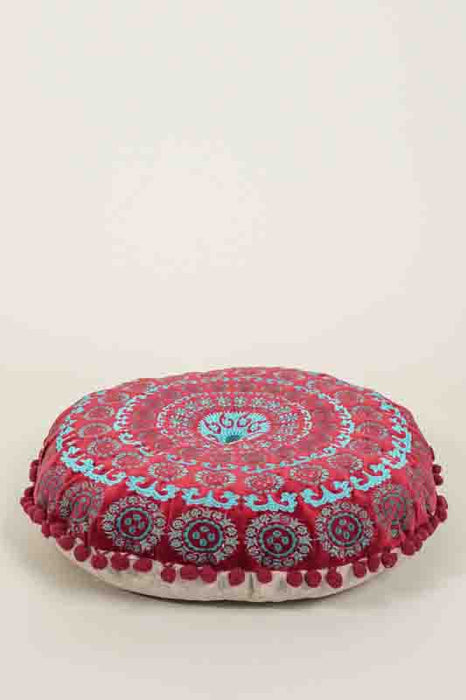 Seat cushion Gaddi cotton velvet round bordeaux embroidered turquoise/beige/dark red 40cm
