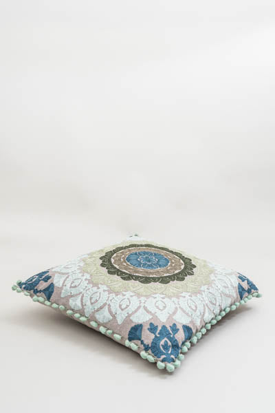 Coussin décoratif brodé à motifs vert/marron/bleu 40x40cm