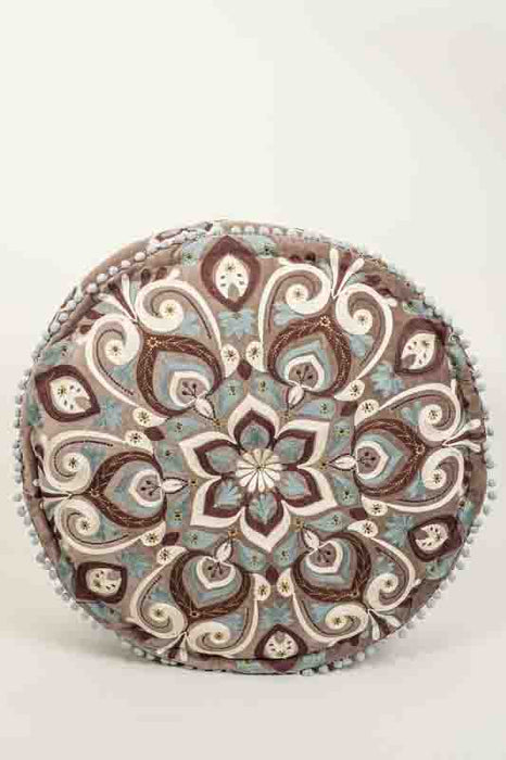 Pouf en velours de coton marron brodé bleu clair/beige/marron clair 60x20cm