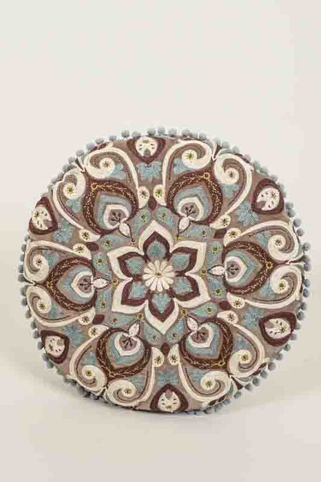 Gaddi Cotton Velvet Round Seat Cushion Embroidered Light Blue/Beige/Light Brown 40cm