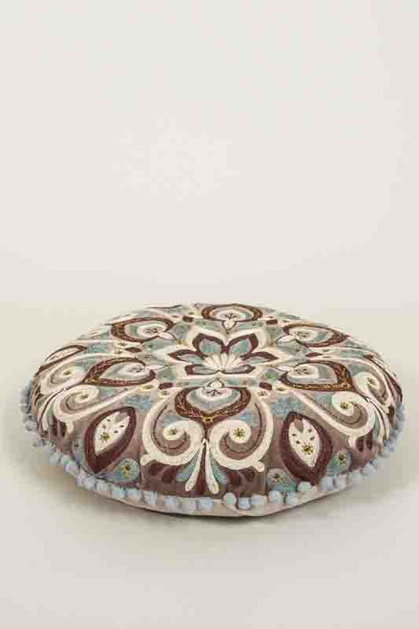 Gaddi Cotton Velvet Round Seat Cushion Embroidered Light Blue/Beige/Light Brown 40cm