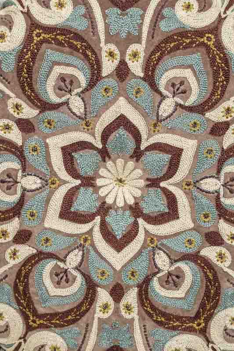 Gaddi Cotton Velvet Round Seat Cushion Embroidered Light Blue/Beige/Light Brown 40cm