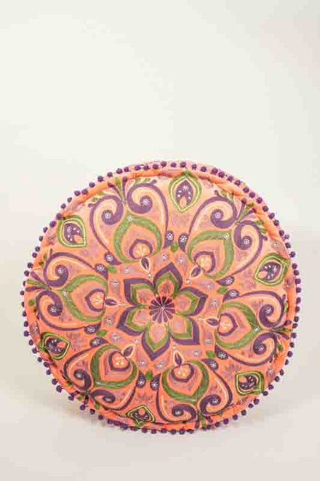 Pouf en velours de coton abricot brodé lilas/vert/jaune 60x20cm