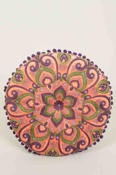 Coussin de siège Gaddi en velours de coton rond abricot brodé lilas/vert/jaune 40cm