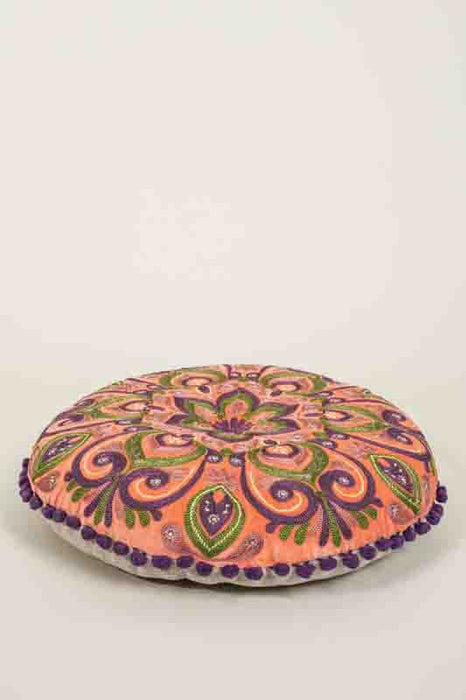 Coussin de siège Gaddi en velours de coton rond abricot brodé lilas/vert/jaune 40cm