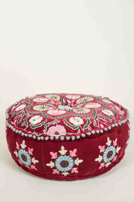 Pouf, cotton velvet, dark red, embroidered pink/light blue/light yellow, 60x20cm