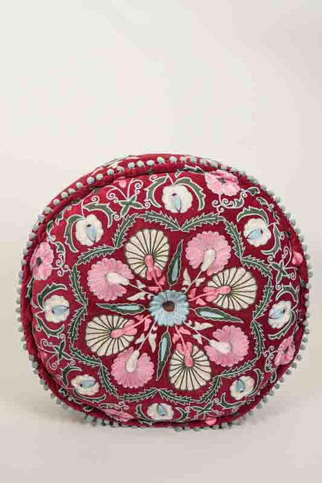 Pouf, cotton velvet, dark red, embroidered pink/light blue/light yellow, 60x20cm